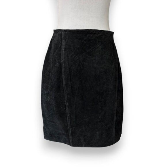 Vintage 80s Sarah Morgan black 100% Leather Suede high waist mini skirt sz 11/12 - Picture 2 of 10